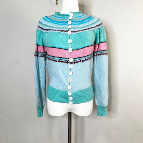 Tsumori Chisato Cardigan Sweater Pastel Striped Colorful 100% Wool Size 2 - Picture 1 of 12